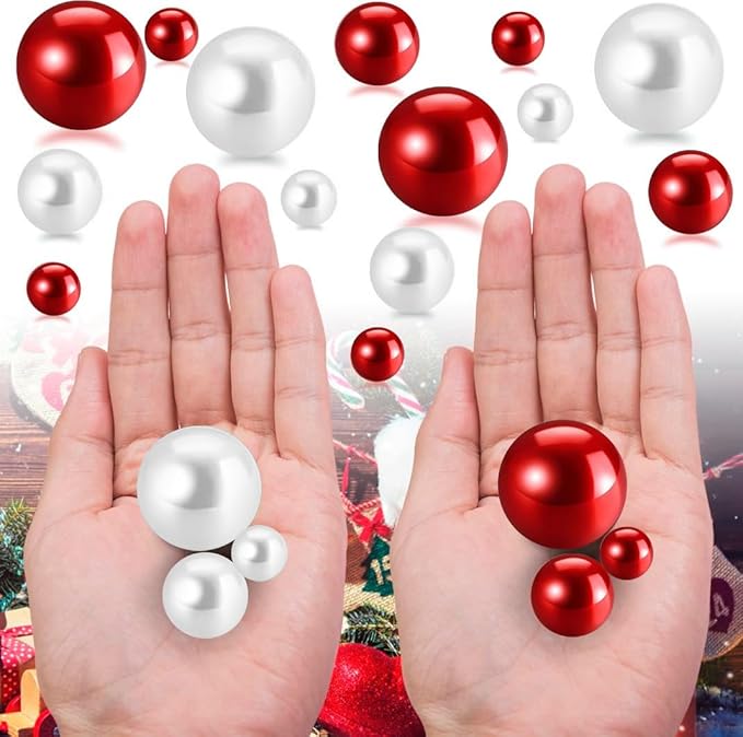 300Pcs Red&White Polished No Hole Pearl Beads Vase Filler, Christmas Vase - Image 3