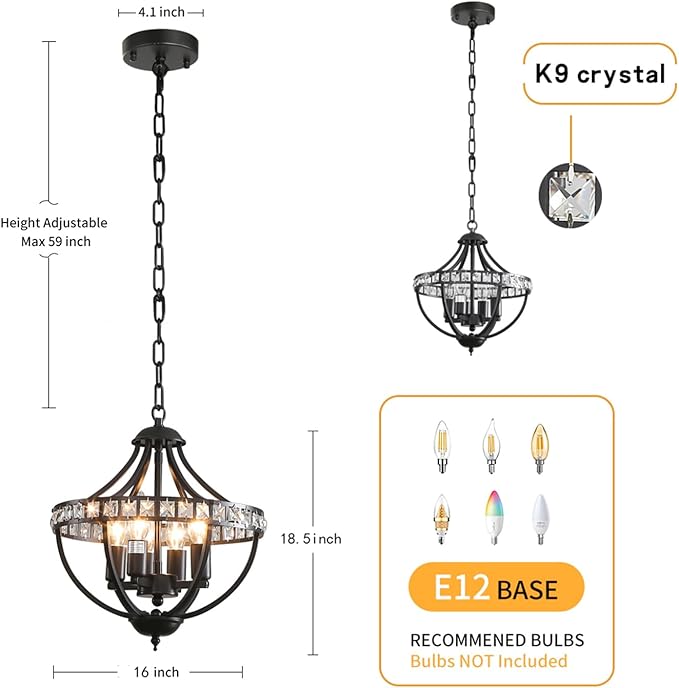 Farmhouse Crystal Ceiling Hanging Chandelier, 16inch Black Rustic Vintage - Image 2