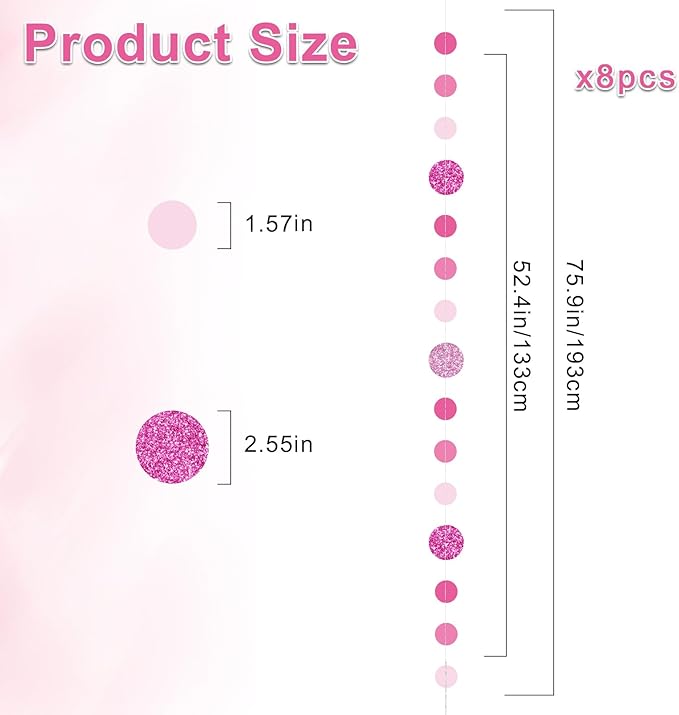 8 Pack Pink Glitter Dot Garland, Hanging Circle Streamers Banner, Backdrop - Image 3