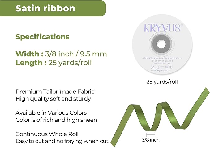 Olive Green Satin Ribbon 3/8 inch X Continuous 25 Yards, Single Face Polyester - Image 3