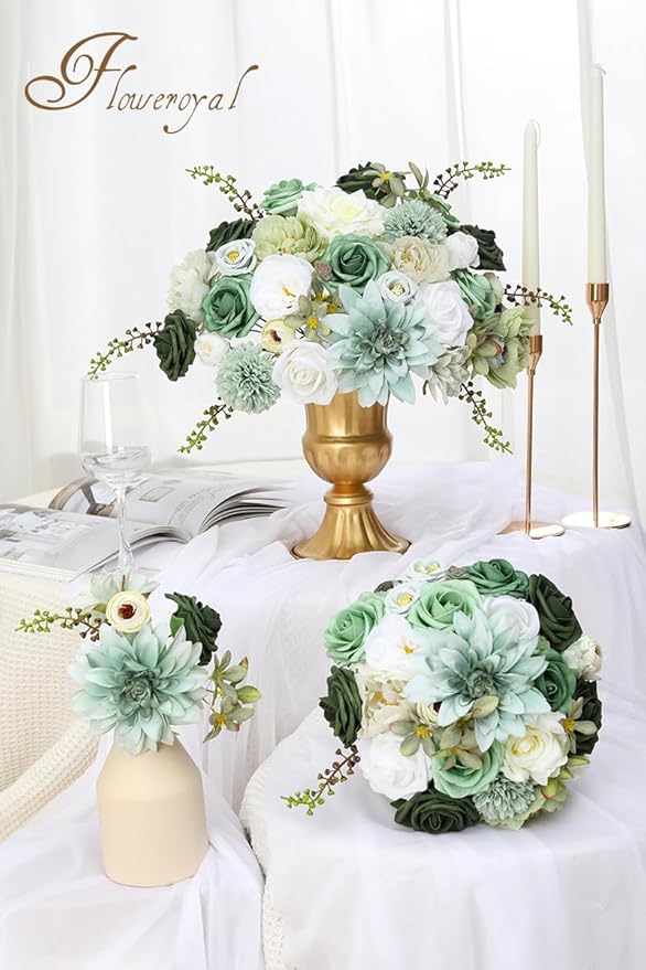 Floweroyal Artificial Flowers Combo Green Flowers Mix Silk Flowers Dahlia Roses - Image 4