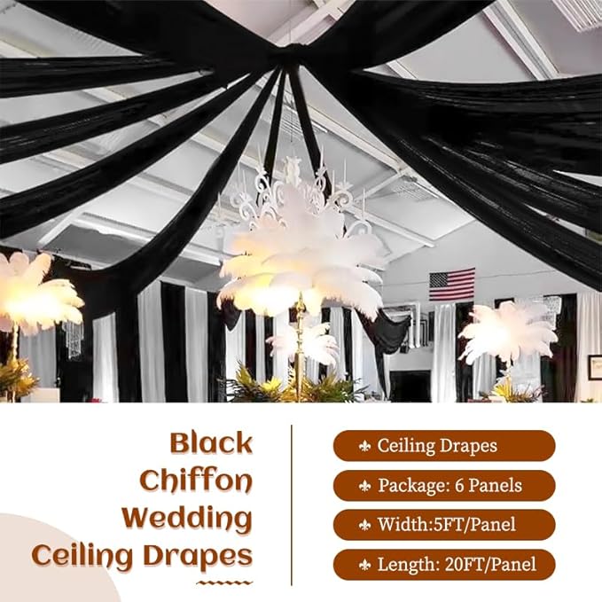 6 Panels Black Ceiling Drapes 5ftx20ft Wedding Chiffon Fabric Arch Draping - Image 2
