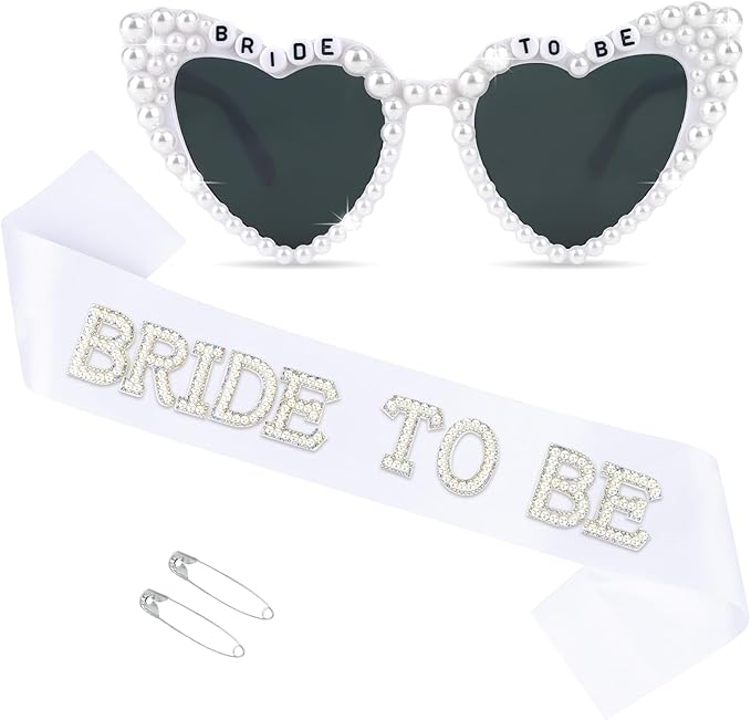 White Bride Sash & Heart Sunglasses Set Bachelorette Party Decorations Bridal by FASHIONORIGINSANDHERE