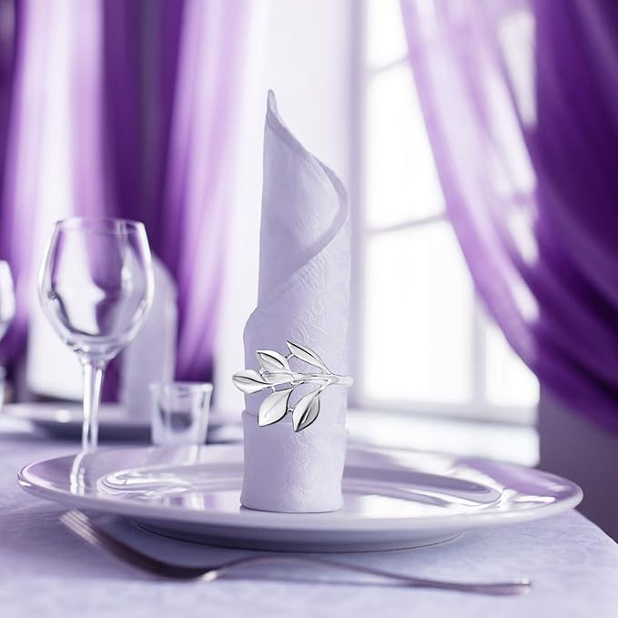 Hotop 50 Pcs Leaf Napkin Rings Set Silver Metal Napkins Rings Holders Bulk - Image 3