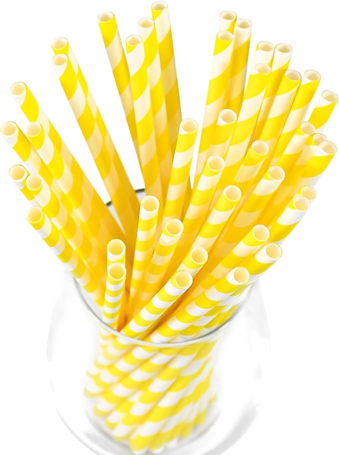 Eco-friendly Yellow White Striped Disposable Paper Drinking Straws 7.75'' x - Image 2