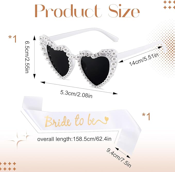 2 Pcs White Bride To Be Sash And Sunglasses Set, Pearls White Heart Bride - Image 2