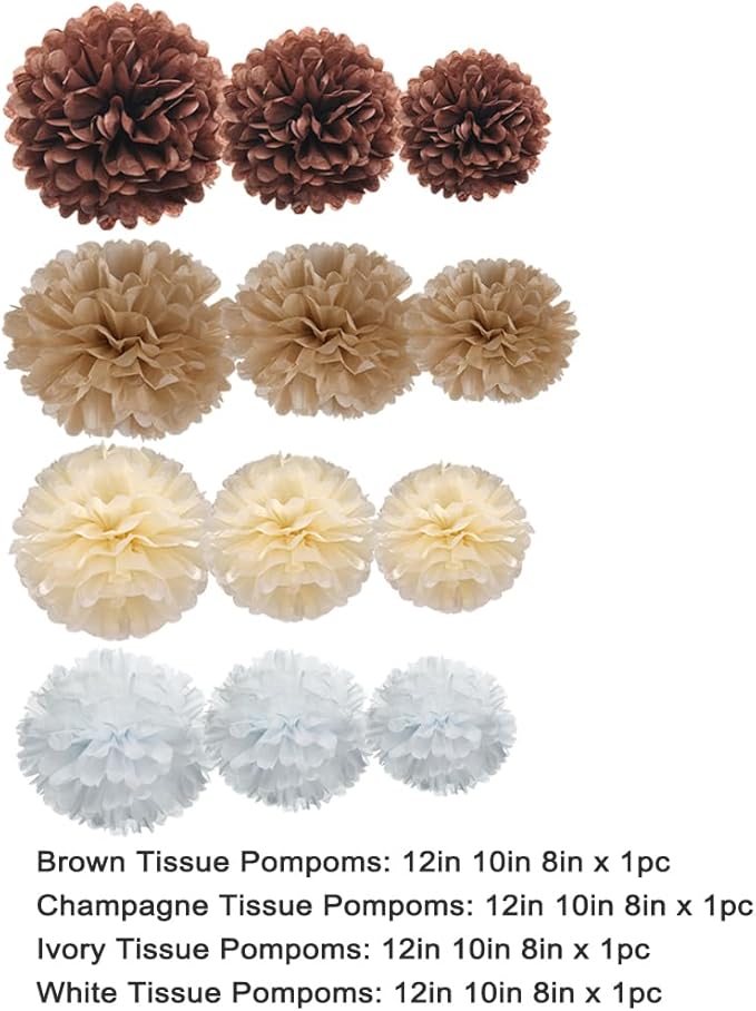 Brown Champagne Tan Ivory and White Tissue Paper Pom Poms Flower - Image 3