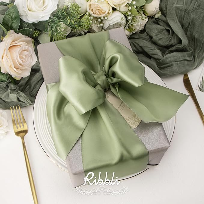 Ribbli Dusty Sage Satin Ribbon 4 Inch Wide Sage Green Ribbon - Image 2