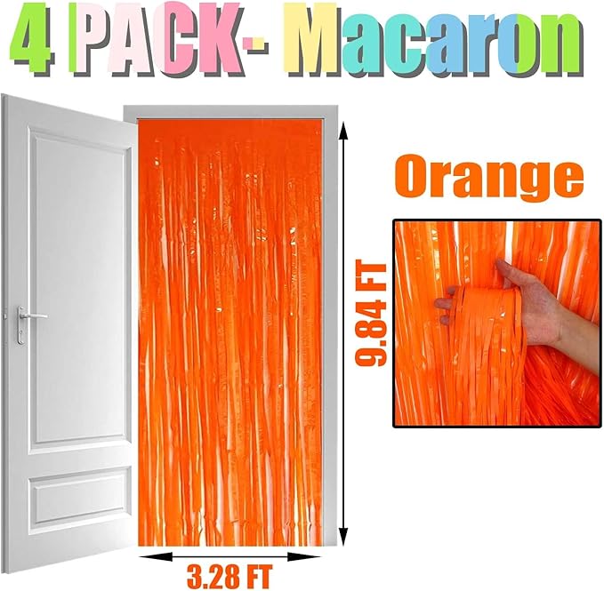 4 Pack Black Orange Foil Fringe Curtain Backdrop, 3.28Ft x 9.8Ft Metallic - Image 2