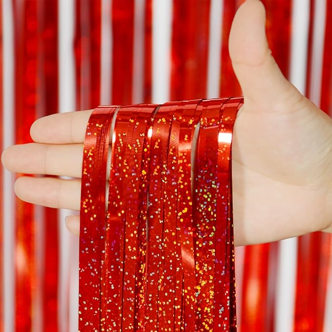 Melsan 2 Pack Red Tinsel Foil Fringe Curtains Backdrop, Sparkle Tinsel Backdrop - Image 7