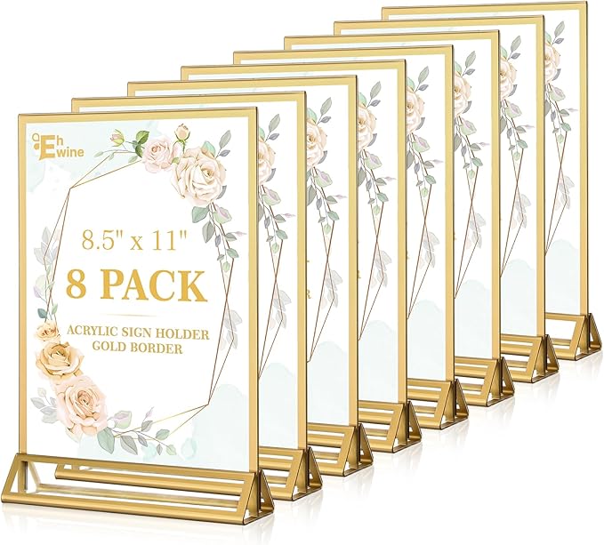 EHWINE 8 Pack Acrylic Sign Holder 8.5 x 11, Double Sided Gold Picture Frame by EHWINE