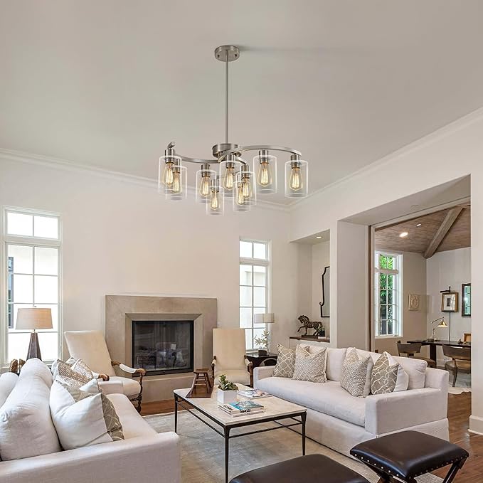9-Light Brushed Nickel Glass Chandelier, Adjustable Height Hanging Industrial - Image 4