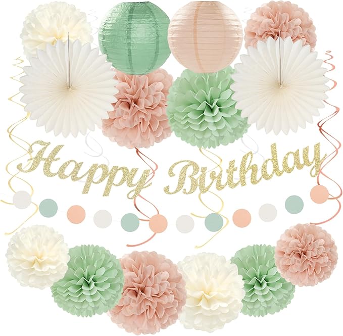 Sage-Green Pink First Happy Birthday Party-Decorations by Unknown