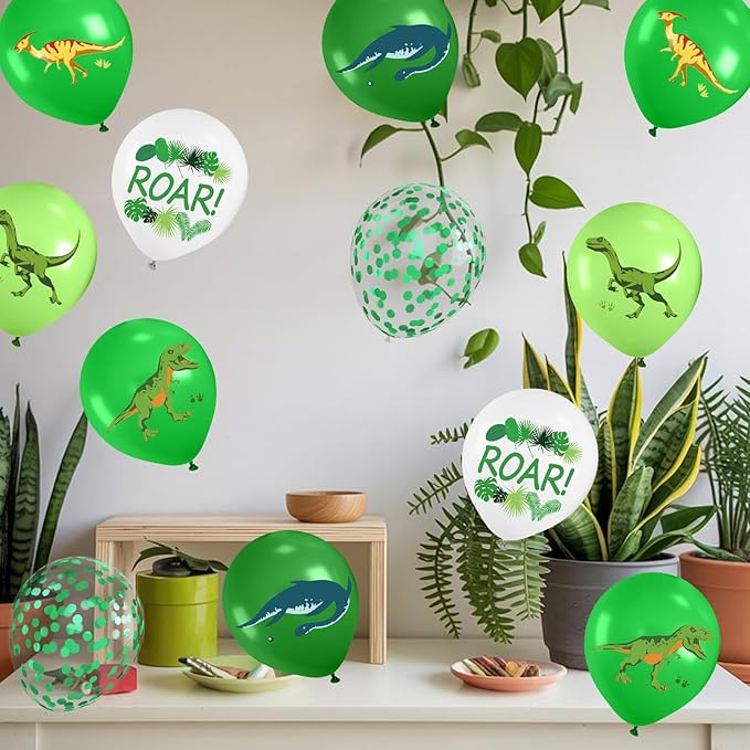 Dinosaur Balloons, 12 Inch Dark Fruit Light Green White Dinosaur Printed Latex - Image 7
