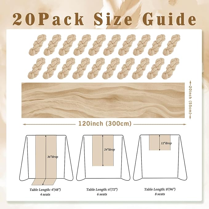 Sand 20 Pack 10FT Cheesecloth Table Runner 20 x 120 Inch Long Rustic Gauze - Image 2