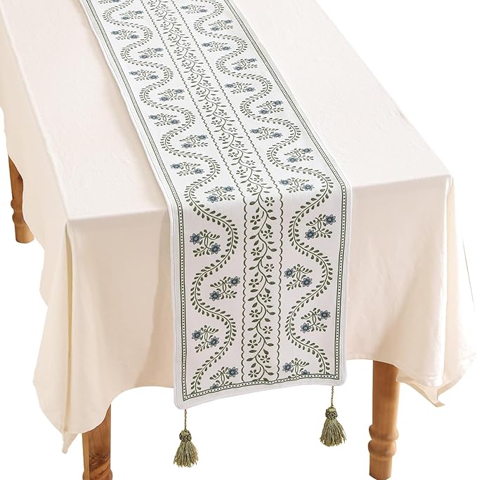 ISAENNE Designer White Elegant Linen Table Runner 87 Inches Long, Chinoiserie by Isaennehomedecoration