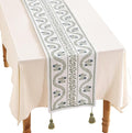 ISAENNE Designer White Elegant Linen Table Runner 102 Inches Long, Chinoiserie by Isaennehomedecoration
