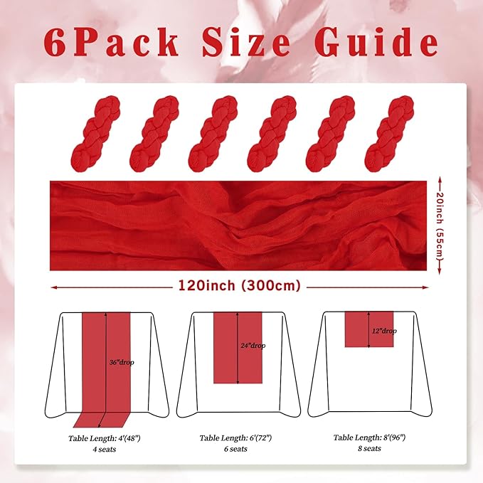 6 Pack Red 10FT Cheesecloth Table Runner Rustic Gauze Fabric Cheese Cloth Table - Image 2