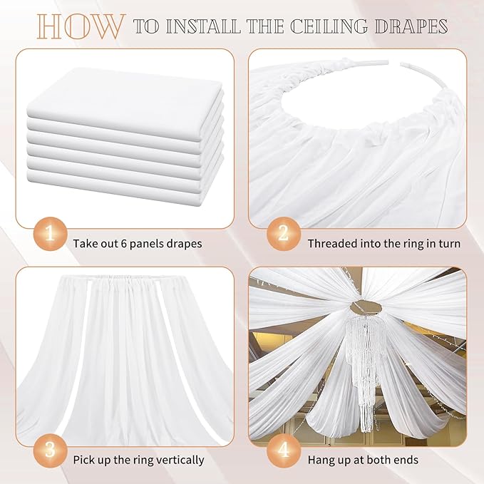 6 Panels White Ceiling Drapes 5ftx30ft Sheer Drapery Ceiling Curtains Chiffon - Image 4