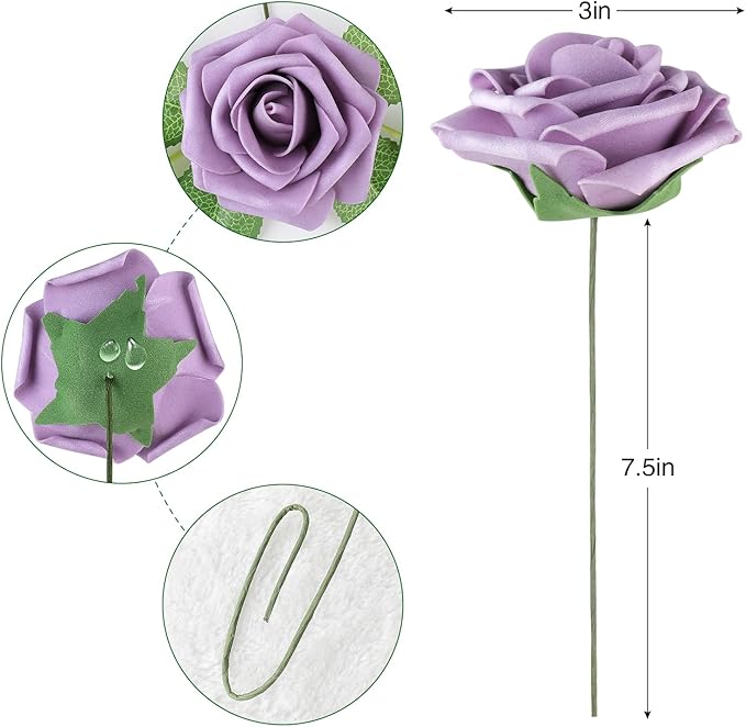 AmyHomie 25pcs Real Looking Artificial Pale Lavender Roses w/Stem - Image 7