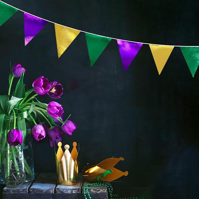 Mardi Gras Party Decorations Purple Green and Gold Metallic Fabric Triangle - Image 7