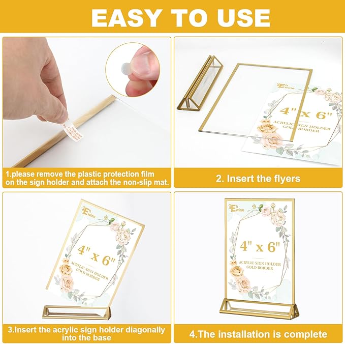 EHWINE 24 Pack Acrylic Sign Holder 4 x 6, Double Sided Gold Picture Frame Stand - Image 5