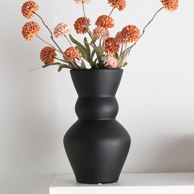 Black Ceramic Vase, Modern Matte Pampas Grass Vases, Boho Big Mouth Vase Home - Image 2