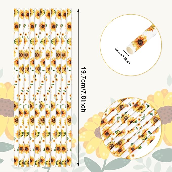 200Pcs Sunflower Paper Straws Watercolor Yellow Floral Disposable Drinking - Image 2