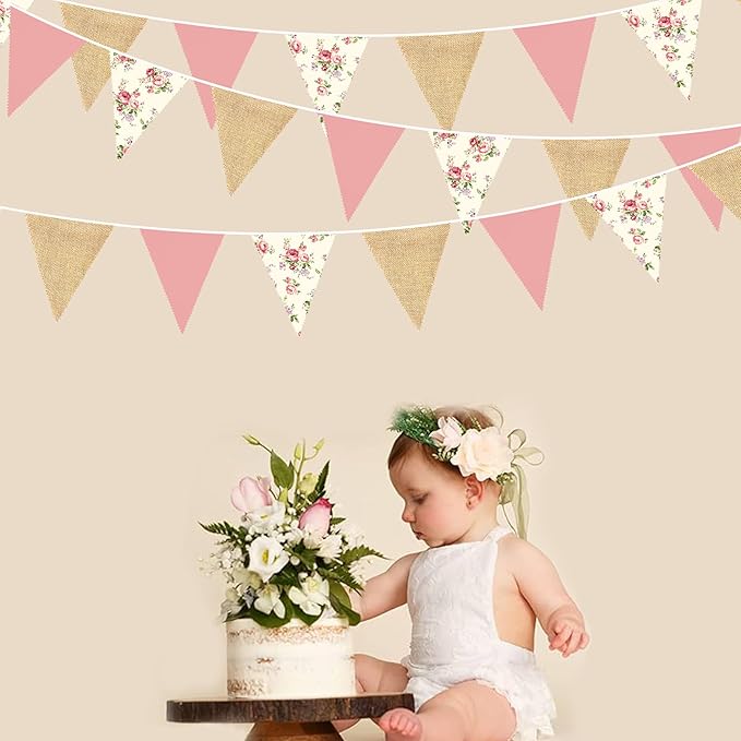 32Ft Flora Party Decorations Blush Rose Pink Burlap Flora Triangle Flag Fabric - Image 5