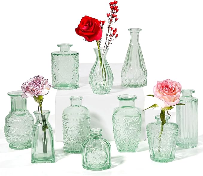 Vintage Small Glass Vases Set of 10, Mini Bud Vases by PURVONNIE