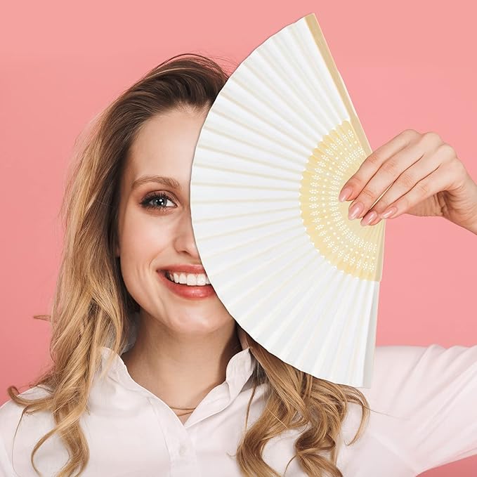 FEPITO 55 Pieces White Handheld Paper Fan Paper Folding Fans - Image 6