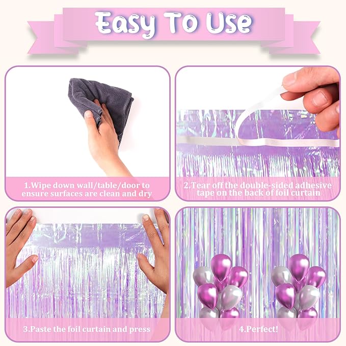 2 Pack Iridescent Purple Foil Fringe Curtains, Glittering Tinsel Streamers - Image 3