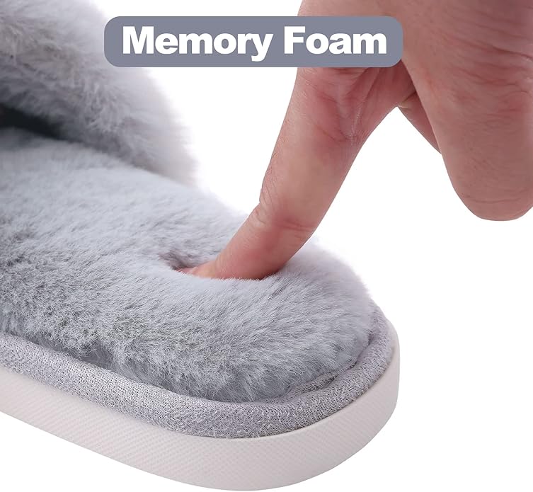 Evshine Women's Fuzzy Slippers Cross Band Memory Foam House Slippers Open Toe - Image 5