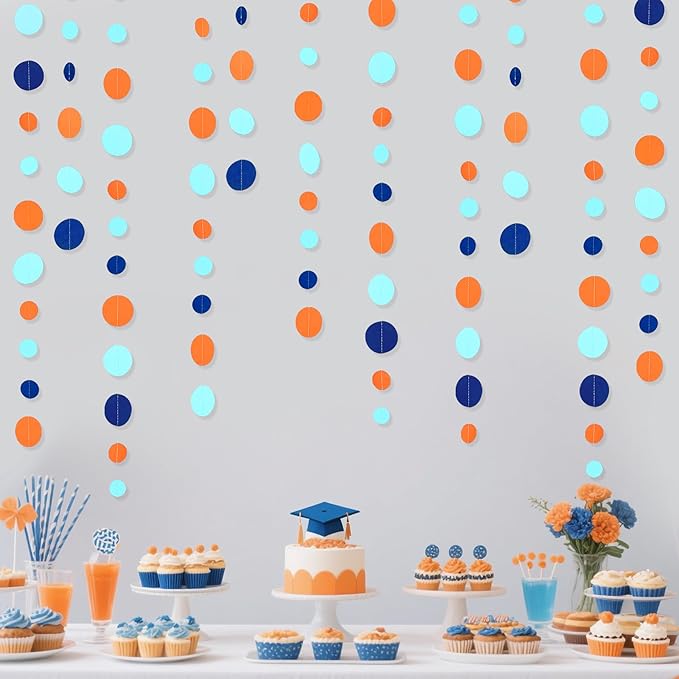 46 Ft Navy Blue Orange and Teal Circle Dots Garland Royal Blue Orange Aqua by pinkblume