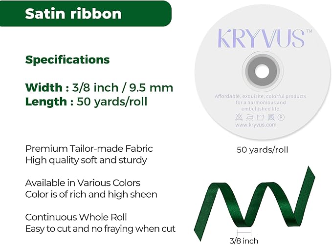 Green Satin Ribbon 3/8 inch X Continuous 50 Yards, Single Face Polyester Ribbon - Image 3