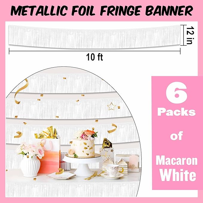 6 Pack 10 Ft Macaron White Foil Fringe Garland Metallic Streamers Tinsel Banner - Image 2