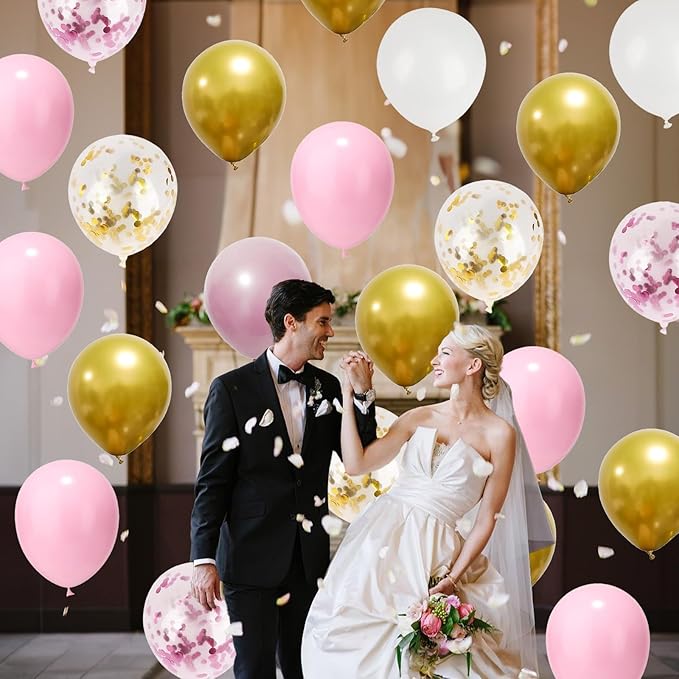 Pink Gold Balloons Set, 12 Inch Pink White Latex Balloons Pink Confetti Helium - Image 8