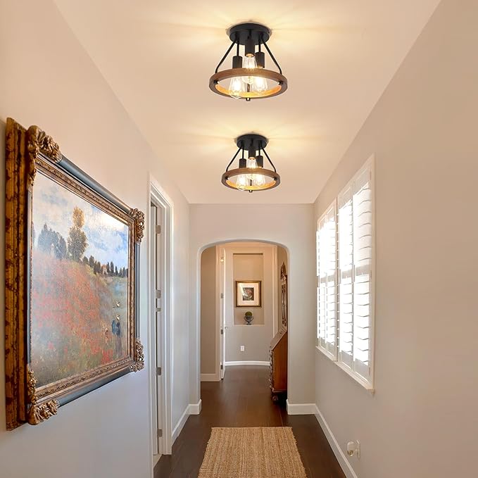 Modern Farmhouse Wood Semi Flush Mount Ceiling Light, Hallway Entryway Light - Image 2