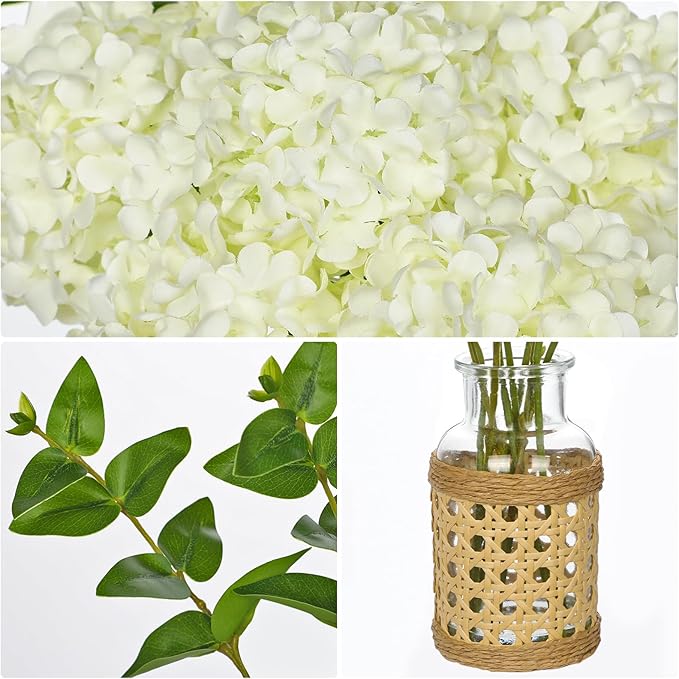 Hollyone White Hydrangea Artificial Flowers in Woven Glass Vase - Image 7