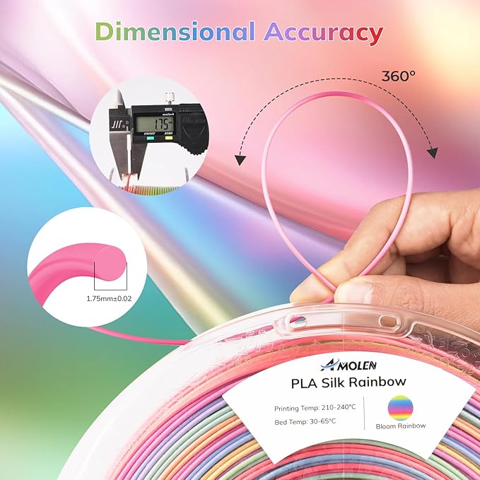 AMOLEN Silk PLA 3D Printer Filament, Shiny Multicolor Rainbow PLA Filament - Image 4