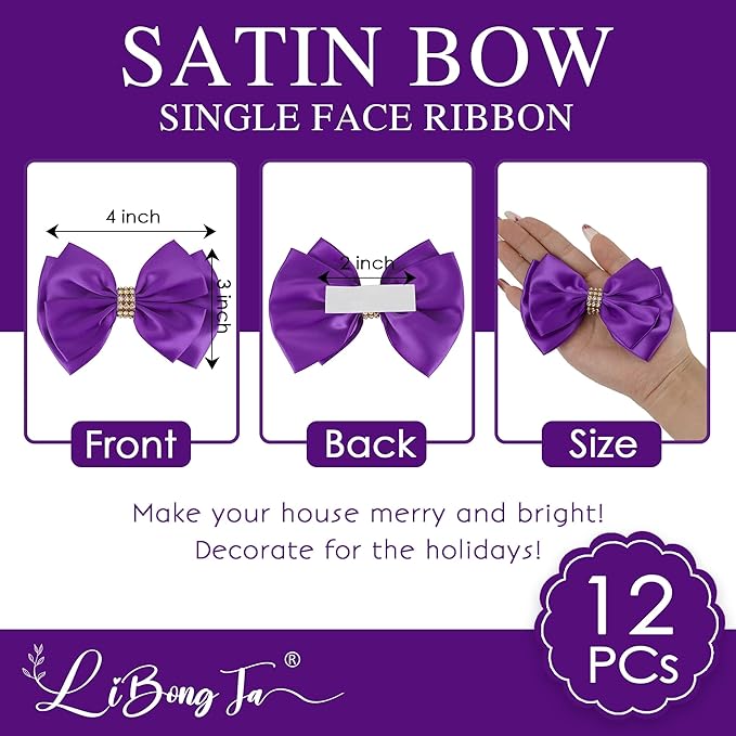 Purple Ribbon Bow 4'' Premade Satin Bow, Wrapping Bows - Image 2