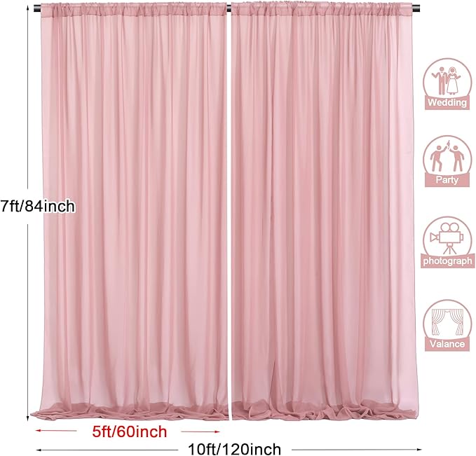 PARTISKY 10x7ft Dusty Rose Chiffon Backdrop Curtains, Wrinkle-Free Sheer Fabric - Image 3