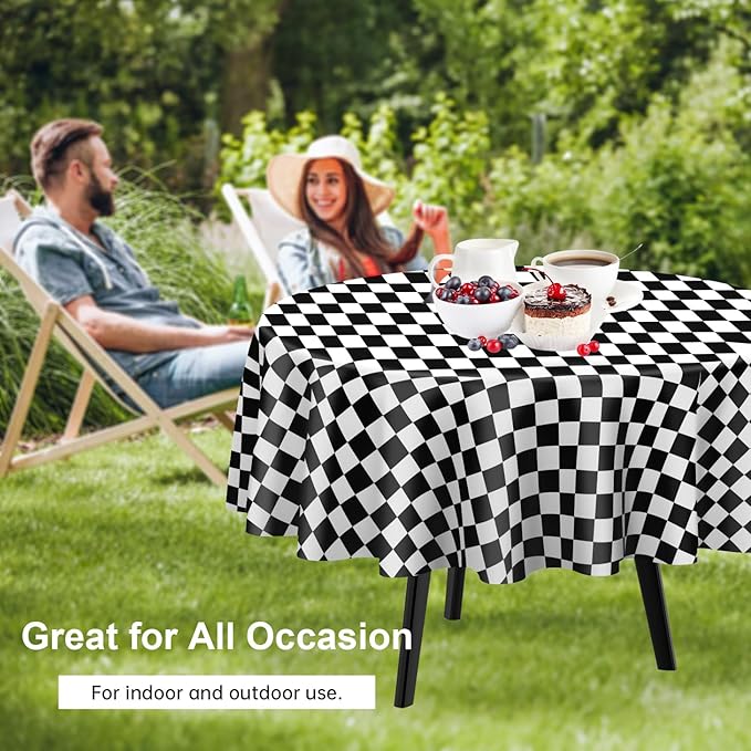 QIKSION Black and White Gingham Round Tablecloth 12 Pack, 84 Inch Plastic - Image 4