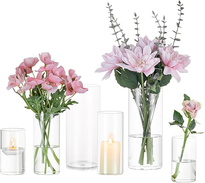 Glasseam Clear Cylinder Vases for Centerpieces, Glass Cylinder Vase Set of 6 by Glasseam