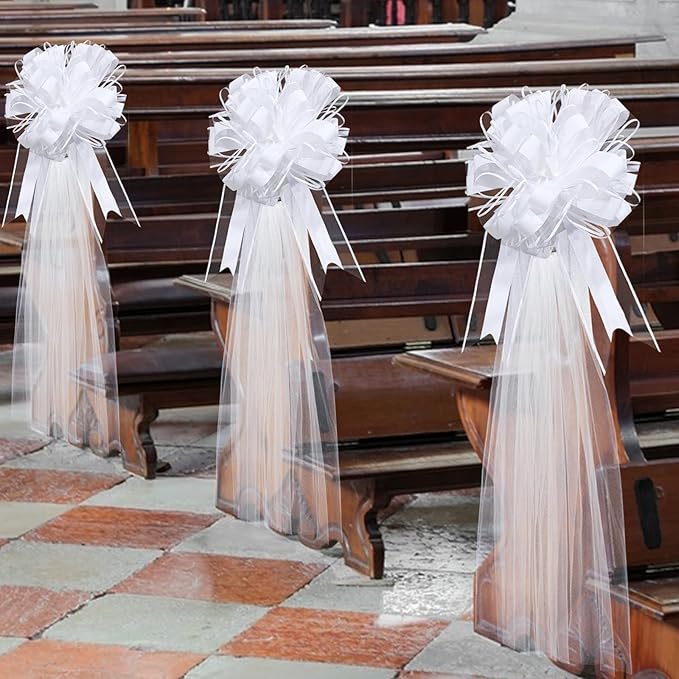 30 Set Wedding Pew Bows with Long Tulle Tails Wedding Aisle Decorations Church by Adodotoe