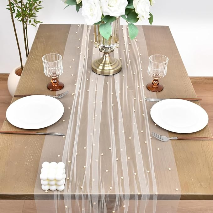 Joanlody Fall Pearl Table Runner 10ft Rustic Boho Tulle Table Runner - Image 3