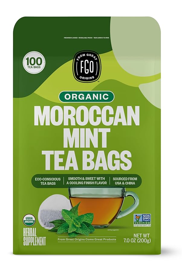 FGO Organic Moroccan Mint Green Tea, Eco-Conscious Tea Bags, Resealable Bag by FGO