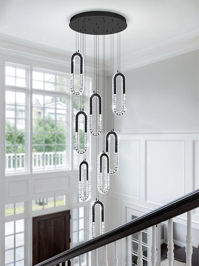 8 Rings Crystal Chandelier, H 118" Modern Black Pendant Light Luxury Foyer by Ykolupty