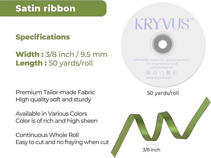 Olive Green Satin Ribbon 3/8 inch X Continuous 50 Yards, Single Face Polyester - Image 3