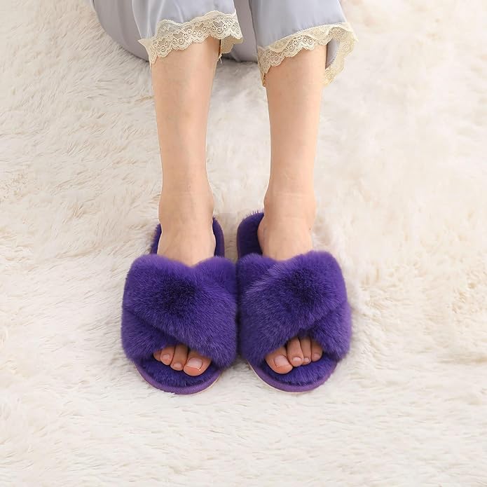 Evshine Women's Fuzzy Slippers Cross Band Memory Foam House Slippers Open Toe - Image 2